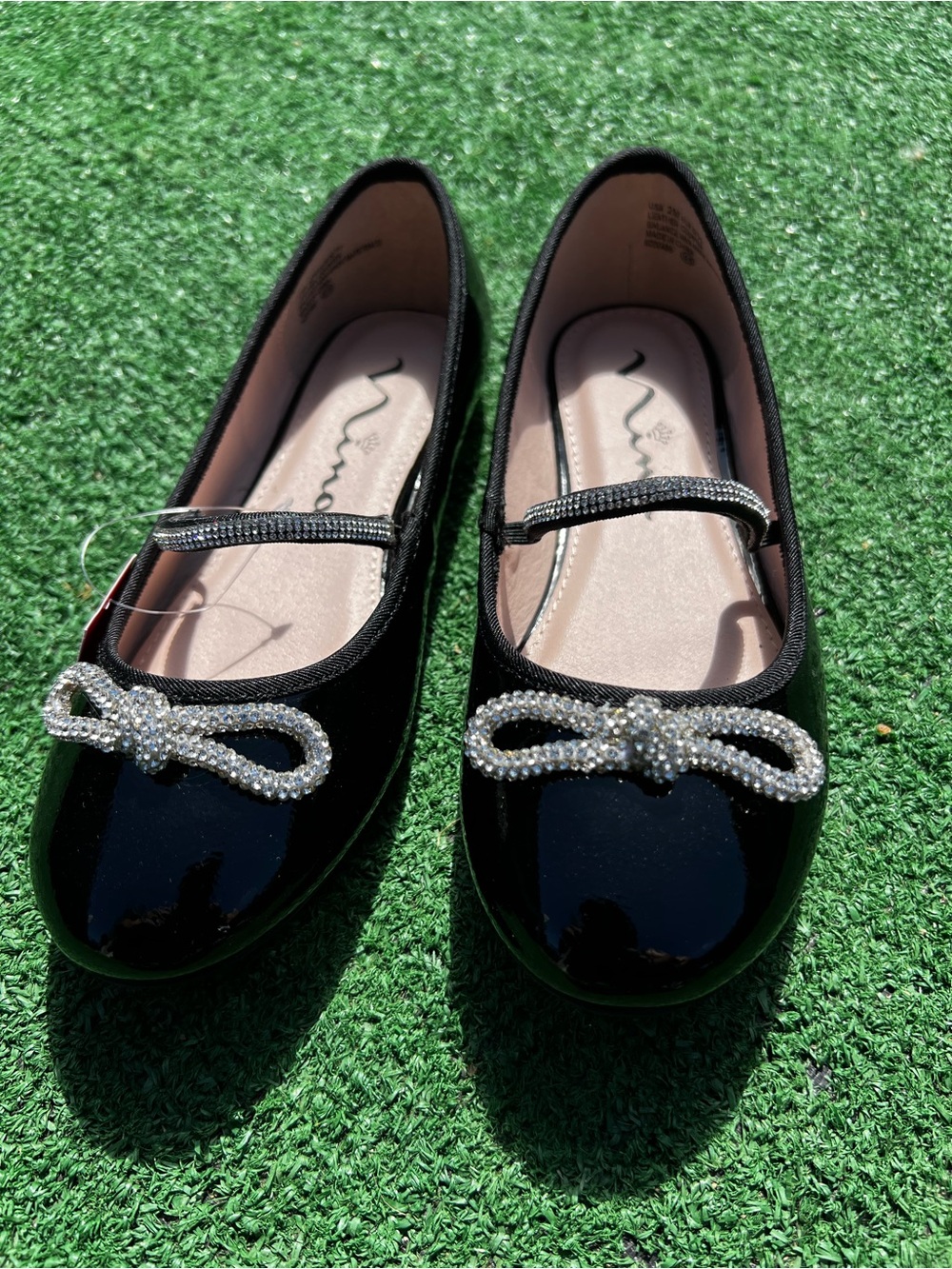 Nina Black Patent Mary Jane Flats with Crystal Bow Accent